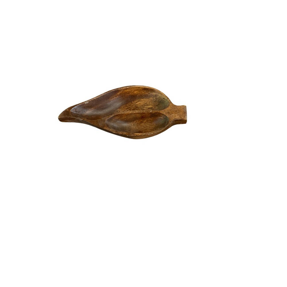 Vintage Hand Carved Acacia Wood Leaf Serving Dish 2 Section Tray Philippines